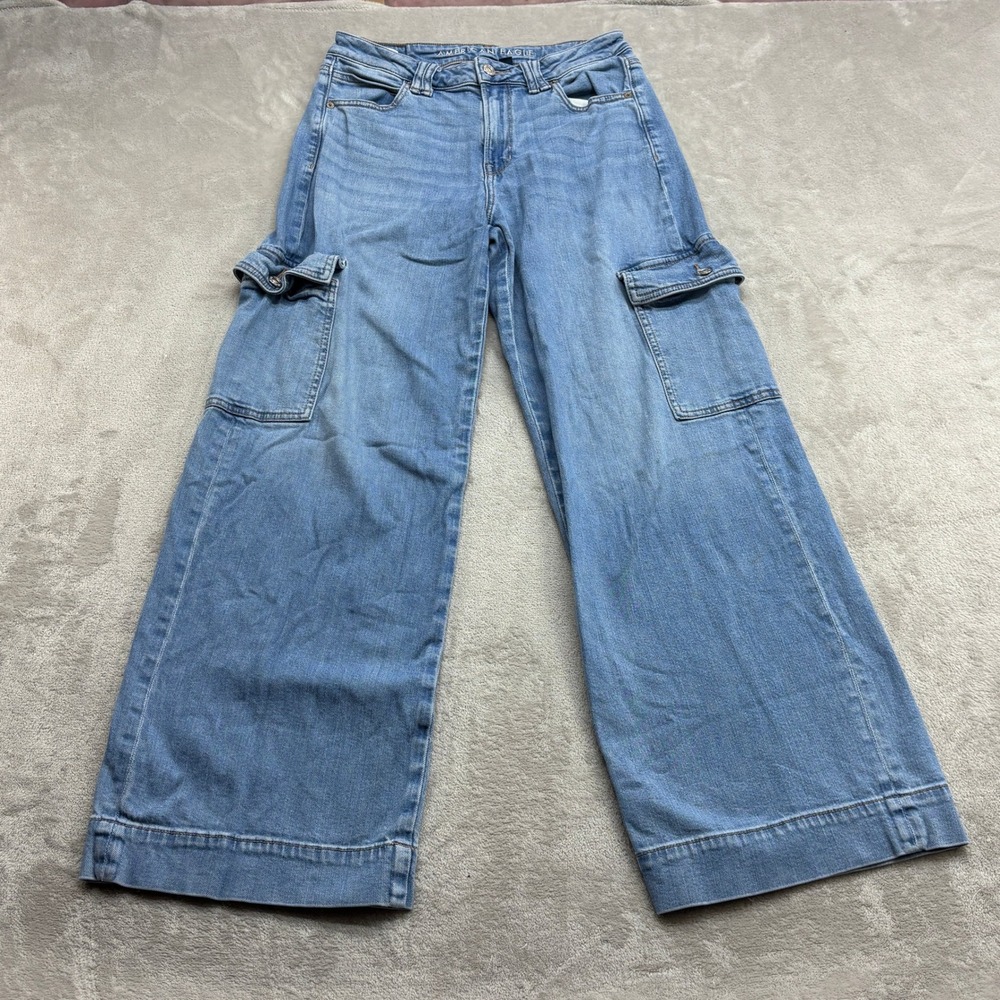 American Eagle Cargo Jeans Women 4 Blue Super High Rise Baggy Wide Leg Stretch